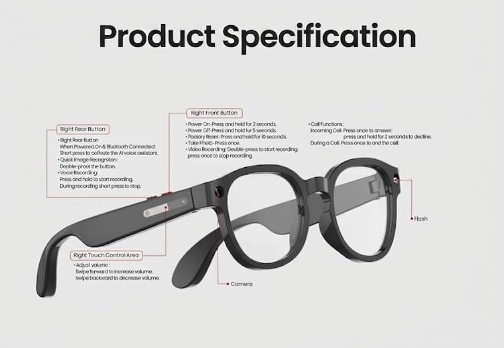 Veclear Smart AI Glasses product specification diagram