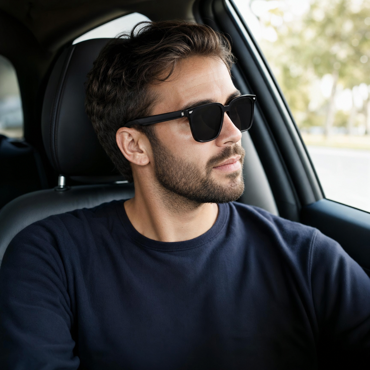 Man wearing Veclear GS01 Bluetooth Smart Sunglasses in a parked car