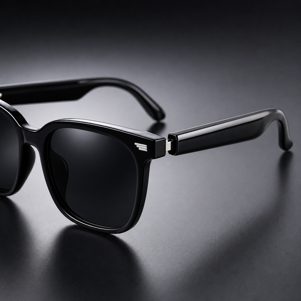 Close-up of the Veclear GS01 smart sunglasses frame and temple