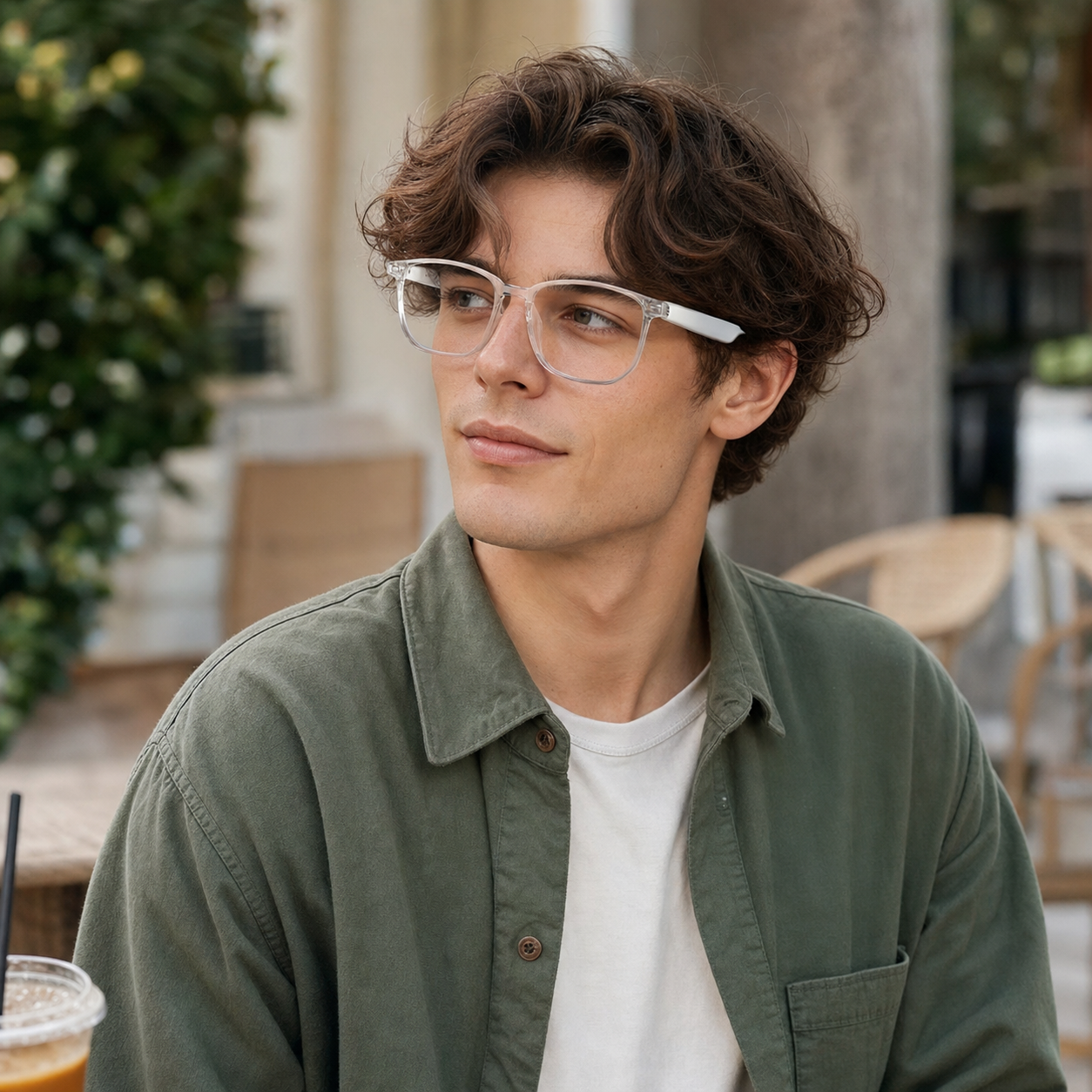 Man wearing white Veclear GS03 Bluetooth Smart Sunglasses at an outdoor cafe