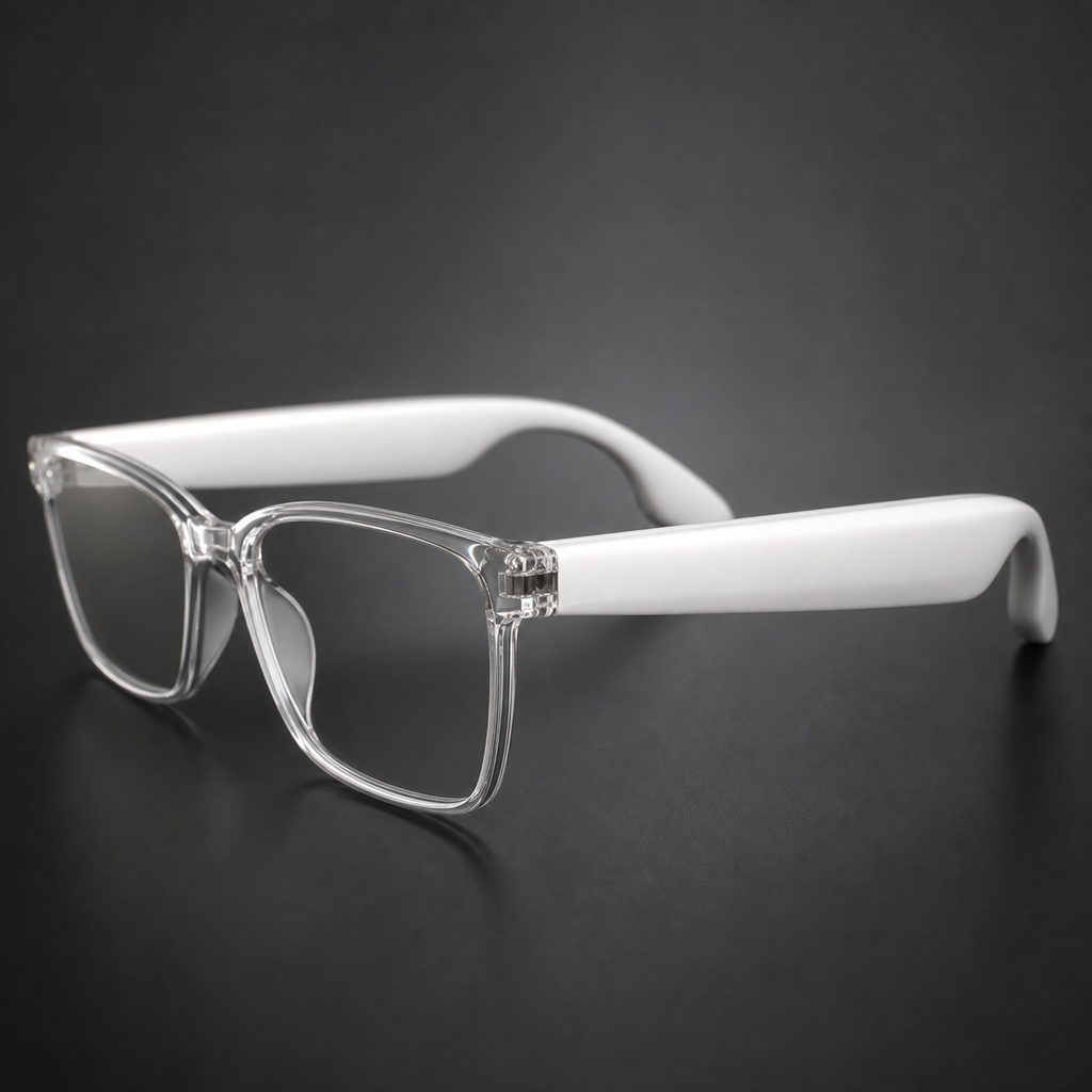 Close-up of the white Veclear GS03 smart glasses frame and temple